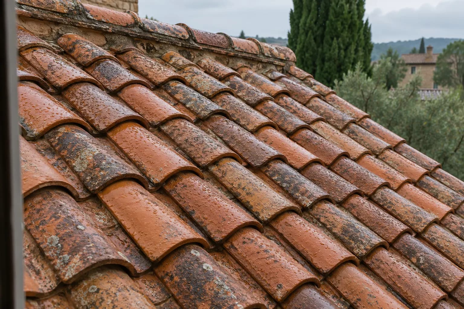 Surface de tuiles en terre cuite après la pluie