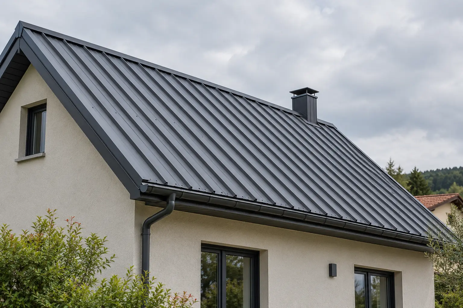 Maison avec couverture métallique profilée et gouttière