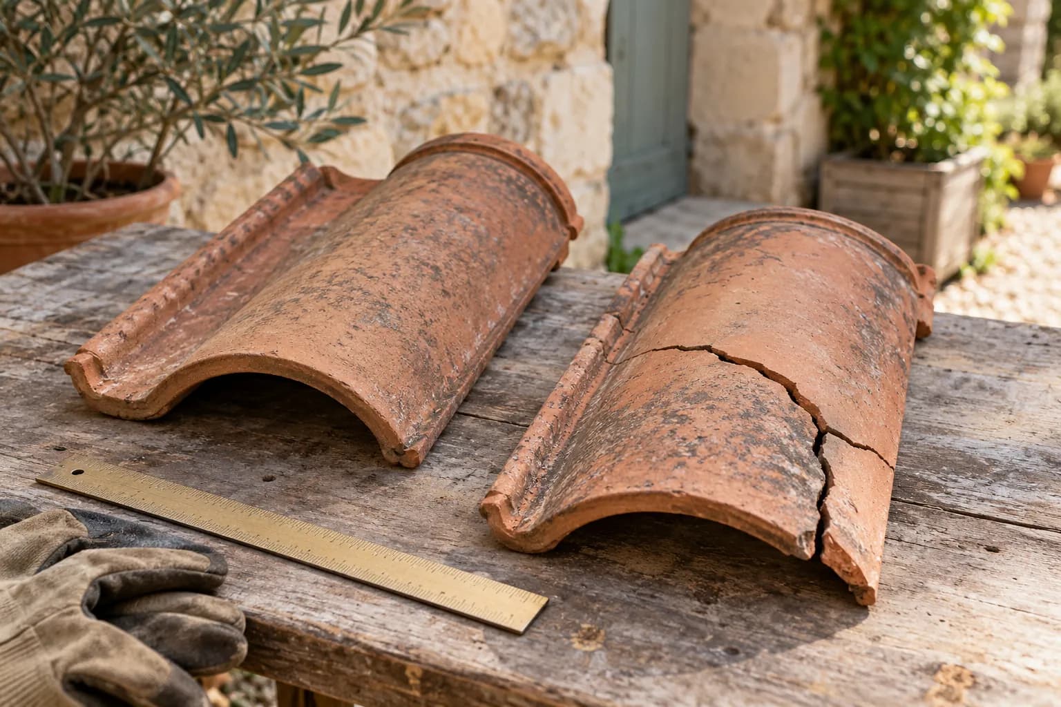 Tuile fissurée et échantillon intact posés sur une table
